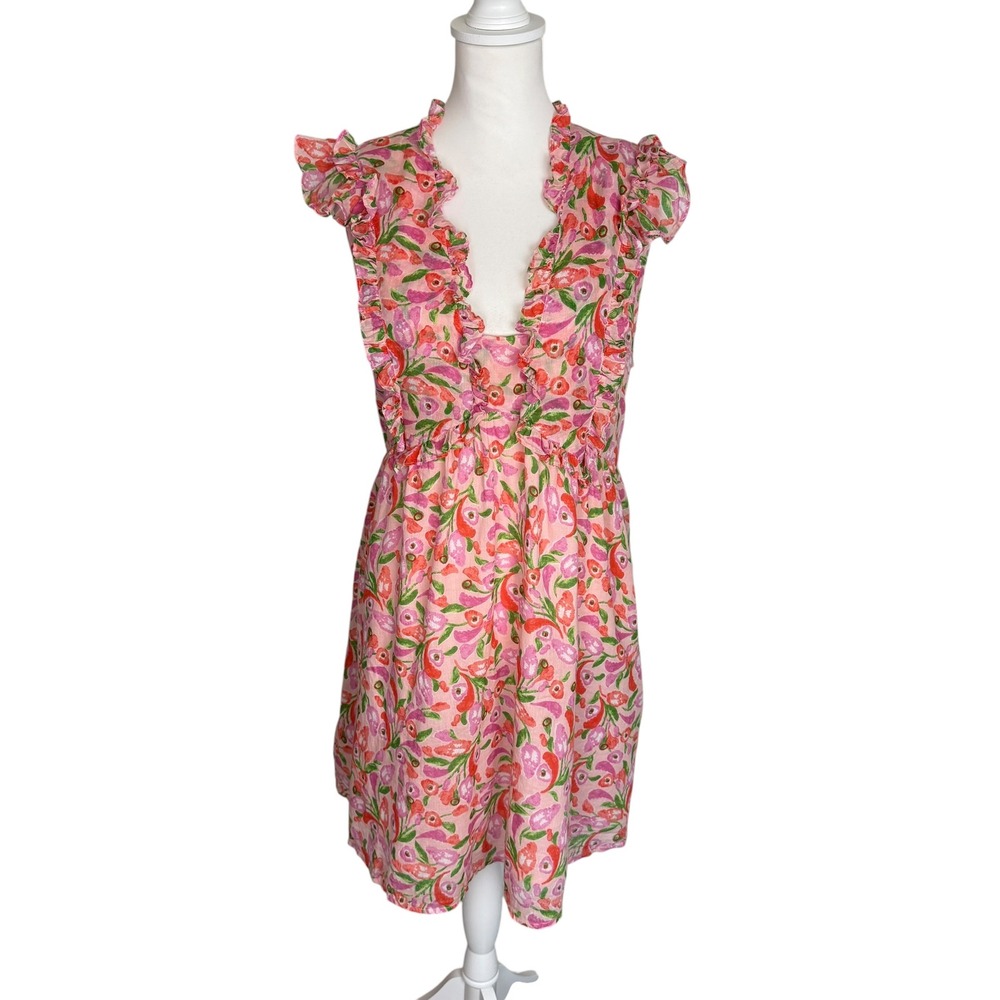 Banjanan Chandra Pink Floral Ruffle Cotton Mini Dress Large Empire Waist V-Neck